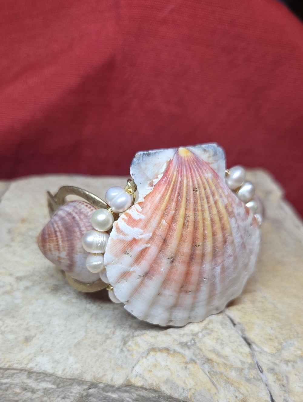 Handcrafted Pink Shell and Freshwater Pearl Statement Bracelet Bangle